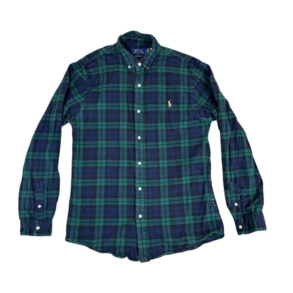 Polo Ralph Lauren Slim Fit Blackwatch Plaid Cotton Shirt Green Blue Mens Large